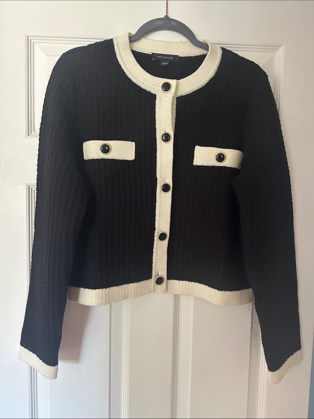 Ann Taylor Black and Cream Contrast-Trim Button Sweater Jacket - Picture 8 of 9
